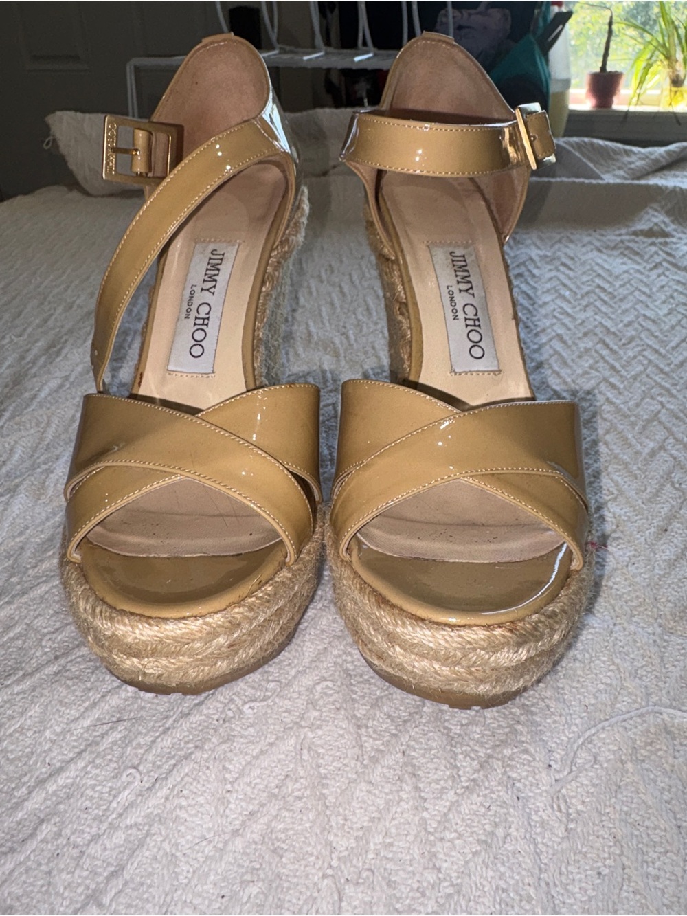 Jimmy Choo Beige Patent Leather Espadrille Wedge Sandals